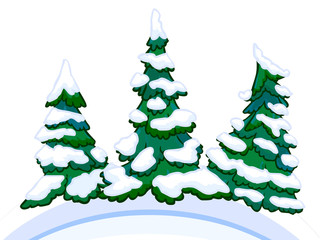 Cartoon image of three conifers on white-blue snowdrifts.