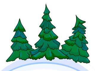 Cartoon image of three conifers on white-blue snowdrifts.