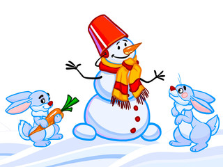 The cartoon illustration of a snowman and two rabbits and snowfl