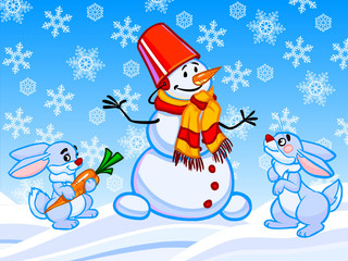 The cartoon illustration of a snowman and two rabbits.