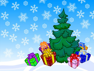 The illustration of a christmas tree and present boxes with snow
