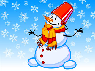 The illustration of a cartoon snowman with snowflakes