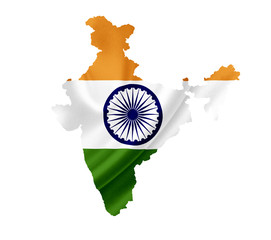 Map of India with waving flag isolated on white
