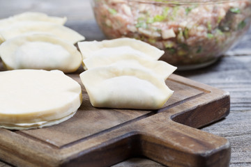 Closeup view of Chinese Dumplings in wrapers