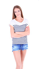 Fototapeta premium Beautiful young girl in shorts and t-shirt isolated on white