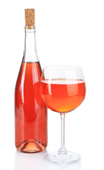 Bottle and glass of wine isolated on white