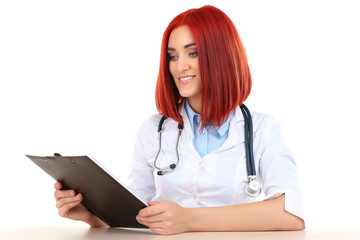 Young beautiful doctor holding folder isolated on white