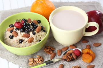 Healthy breakfast with cereal and milk, close up