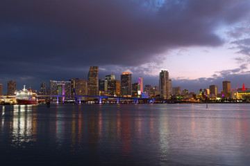 Fototapeta na wymiar Urban landscape of Miami downtown at dusk with reflections.