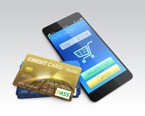 Credit card and smartphone isolated on gray background