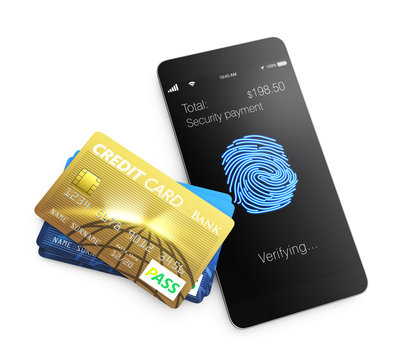Credit card and smartphone with fingerprint scan app