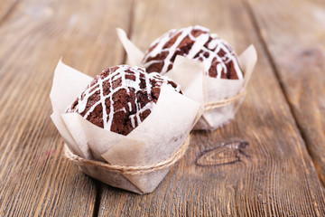Tasty cupcakes on table close-up
