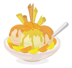 Cup with ice cream, wafers and citrus