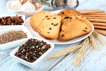 Homemade croutons on table in kitchen, close up