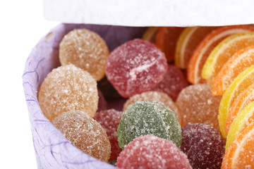 Testy jelly candies in present box close up