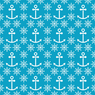 Seamless sea pattern with anchors, hand wheels