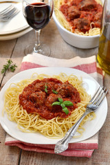 Beef meatballs with tomato sauce and pasta
