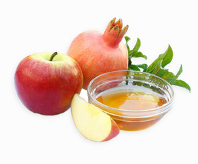 rosh hashanah concept - apple honey and pomegranate isolated. tr