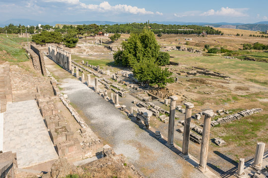 view on the ruins of the columns in the alley, Pergamos, Turkey