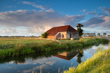 Obraz premium cozy farmhouse in gold sunset sunlight