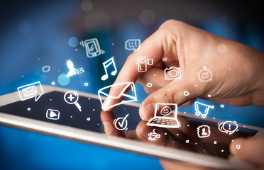 Finger pointing on tablet pc, social media concept
