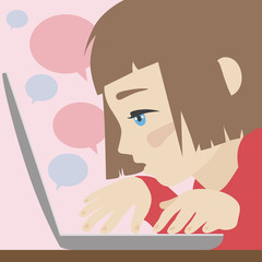 Cute girl chatting on laptop flat illustration