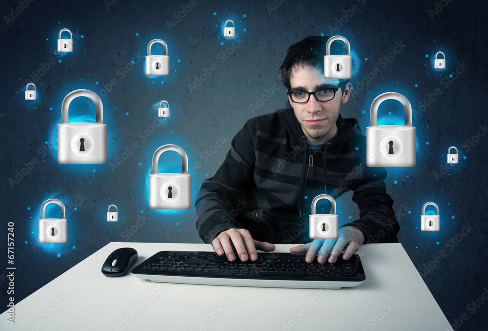 Poster young hacker with virtual lock symbols and icons