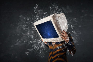 Computer monitor screen exploding on a young persons head