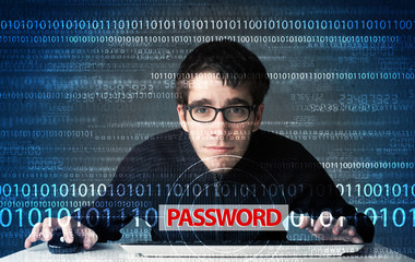 Young geek hacker stealing password