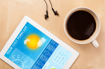 Tablet pc showing weather forecast on screen with a cup of coffe