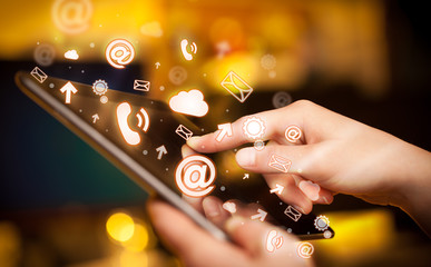 Hand touching tablet pc, social media concept