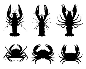 Black silhouettes of crawfish and crab, vector
