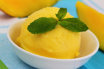Mango sorbet garnished with mint leaf