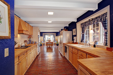 Contrast colors kitchen room with brick floor