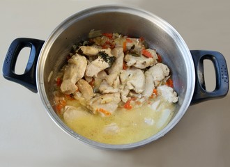 chicken meat goulash in pan