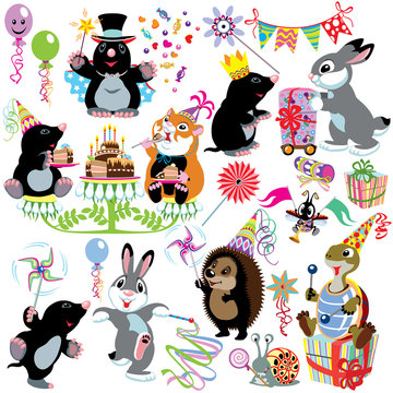cartoon set with birthday party
