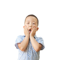 emotional Asian boy 6 years old, isolated on white background