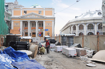 Construction works in the center of Moscow near Gostiny Dvor