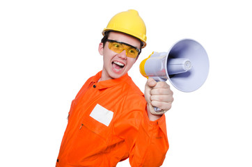 Builder with loudspeaker isolated on white