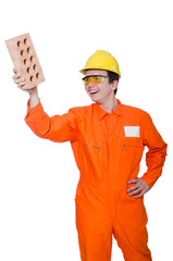 Man with brick isolated on white