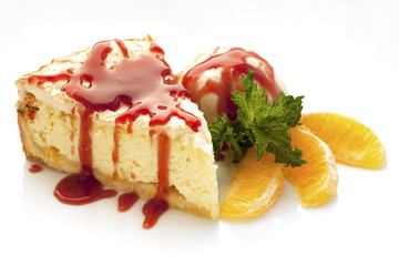 Still life with  tasty cake and vanilla ice cream