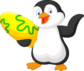 Penguin holding surfing board