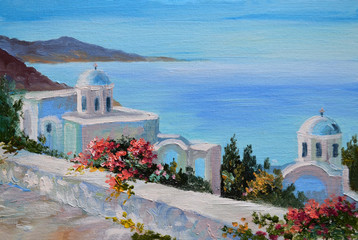 oil painting - Santorini, house near the sea