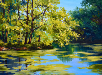 Fototapeta na wymiar landscape oil painting - river in autumn forest
