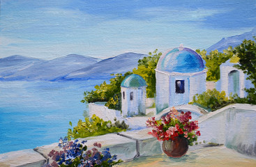 oil painting - Santorini, house near the sea - 67166841