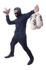 Funny criminal with gun isolated on white