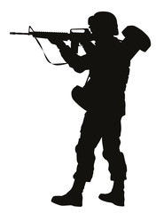 Soldier with rifle aiming. Detailed vector silhouette