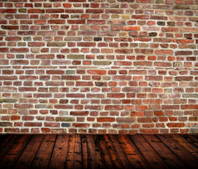 Empty room interior with brickwall and wooden floor