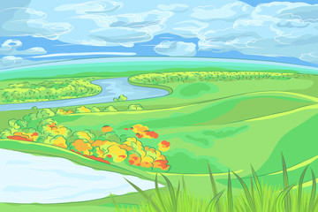 Obraz na płótnie Canvas vector European flat landscape with river