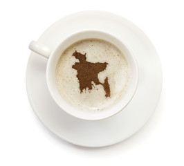 Cup of coffee with foam and powder in the shape of Bangladesh.(s